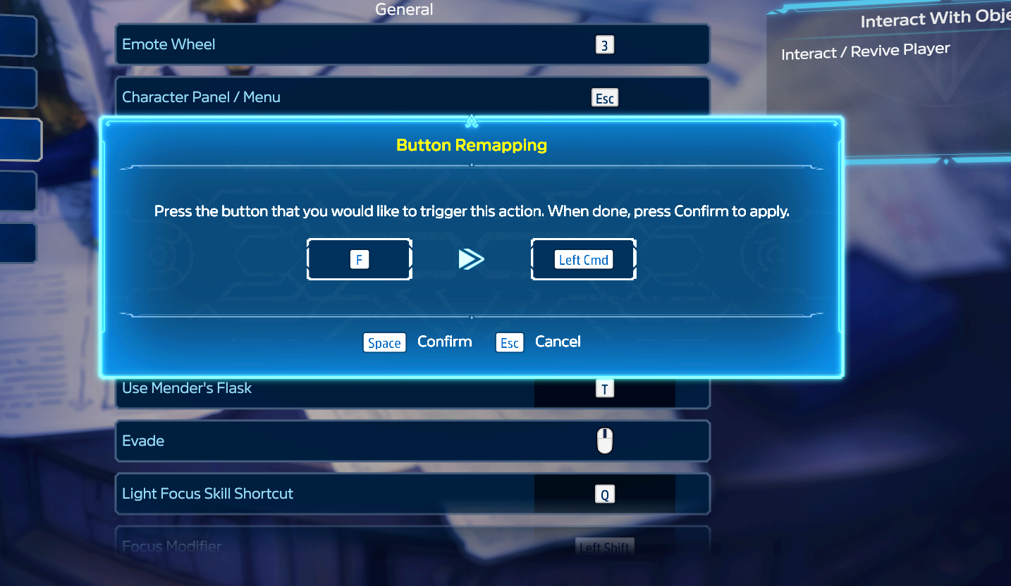 A screenshot of the button remapping screen